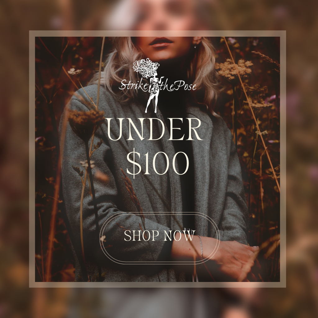 A woman is standing in a field with the words under $100 shop now.