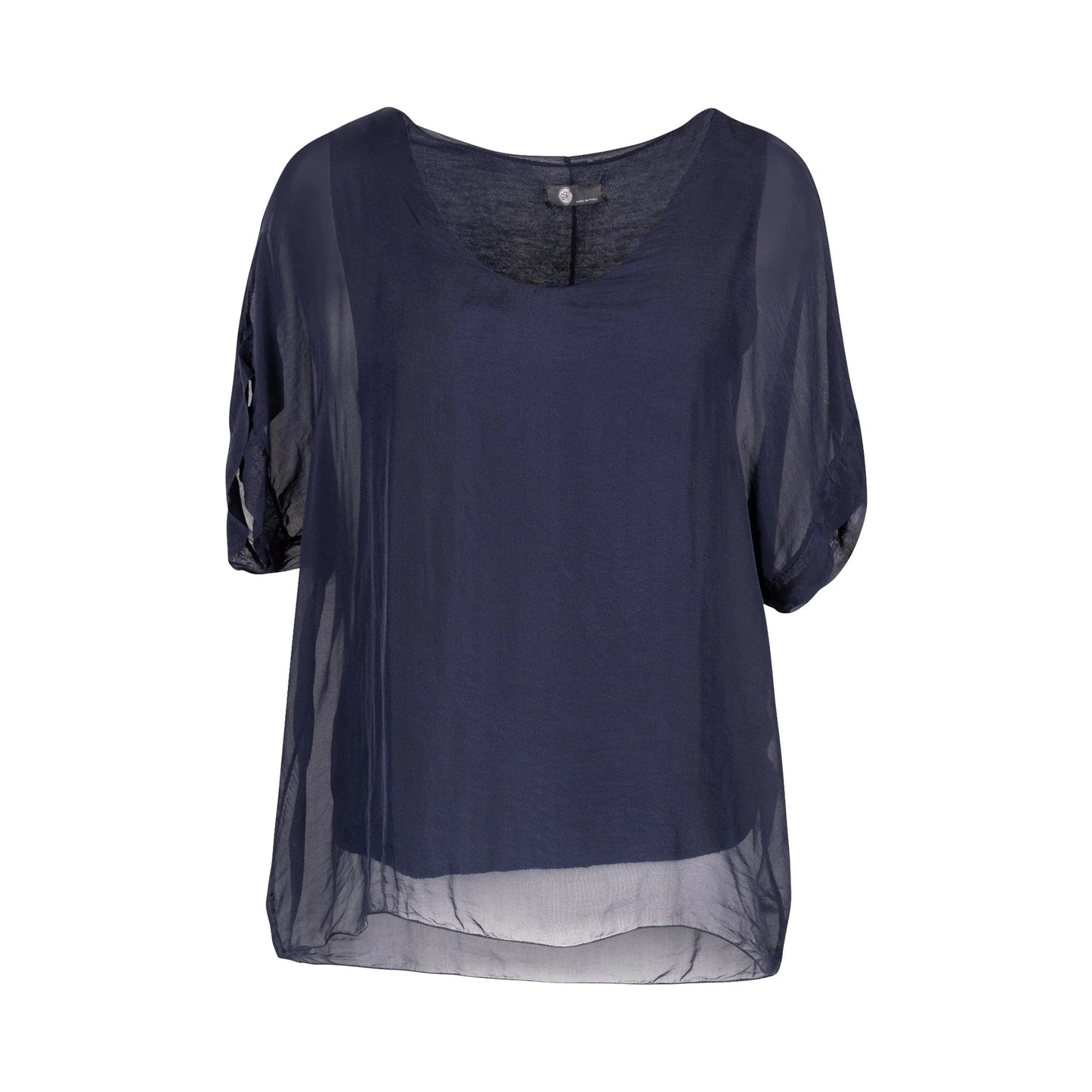 A Woven Top 10-66145W by M Made In Italy featuring a blue design on a white background.