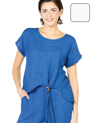A woman wearing a blue Boat Neck Gauze Top with Buckle and pants by Cherishh.