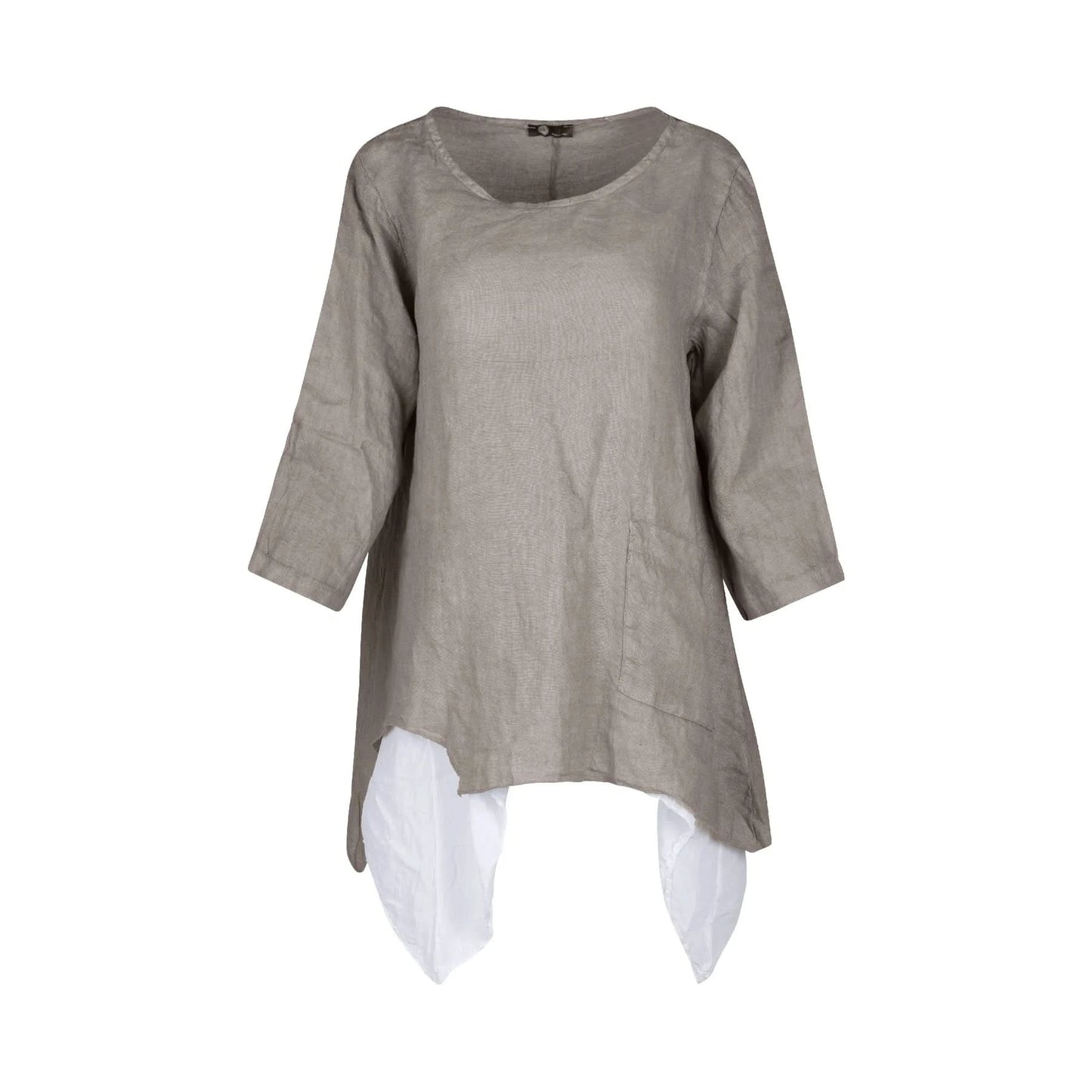 A person with long dark hair stands against a white background wearing the Layered Linen Tunic by M Made In Italy, paired with light blue pants and a white undershirt.