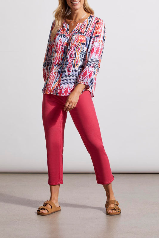 3/4 Sleeve Button Front Blouse with Pleats Tribal Strike The Pose