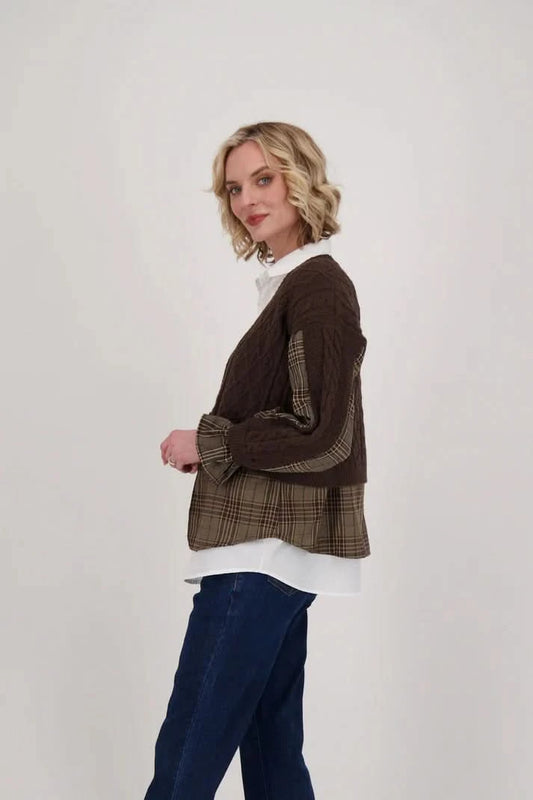 Showcasing a versatile layered look against a plain background, a person is wearing the Shirt With Cable Knit Cardigan Topper by Gabby Isabella over a white shirt and blue jeans.