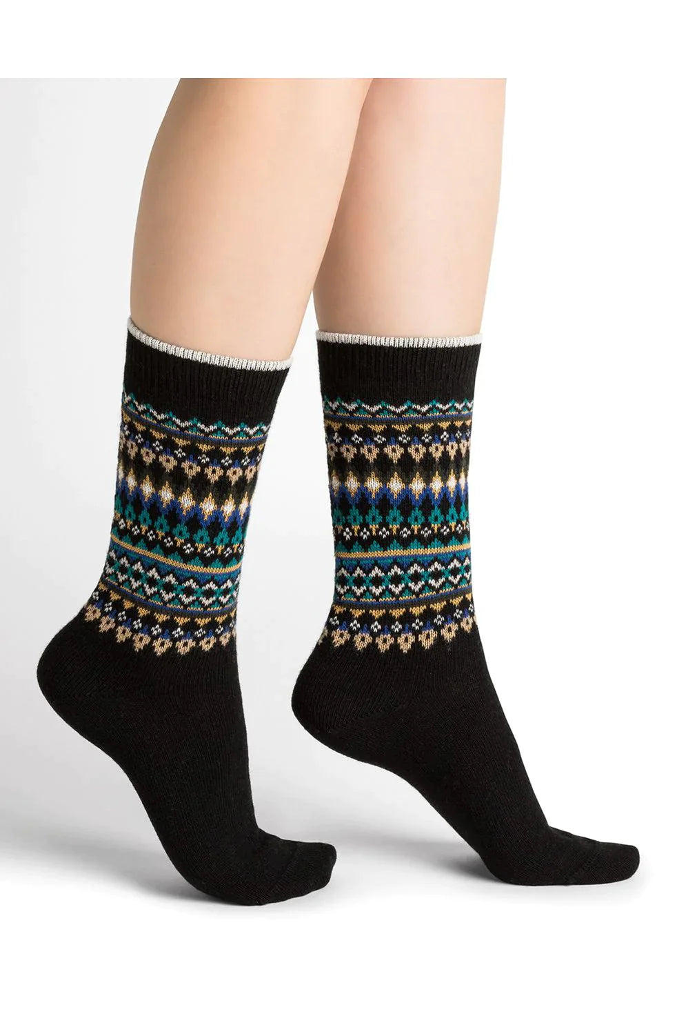 A pair of Bleuforet 6317 Jacquard Cashmere Blend Socks with multicolored Shetland style designs.