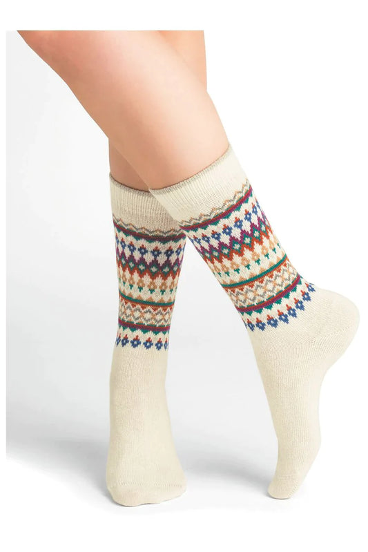 A pair of Bleuforet 6317 Jacquard Cashmere Blend Socks with multicolored Shetland style designs.