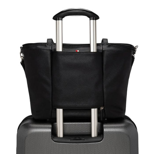 The Ultimate Tote by Co-Lab is a white leather bag with two shoulder straps and a detachable crossbody strap, ideal for travel or as a stylish laptop bag. Shown against a plain white background.