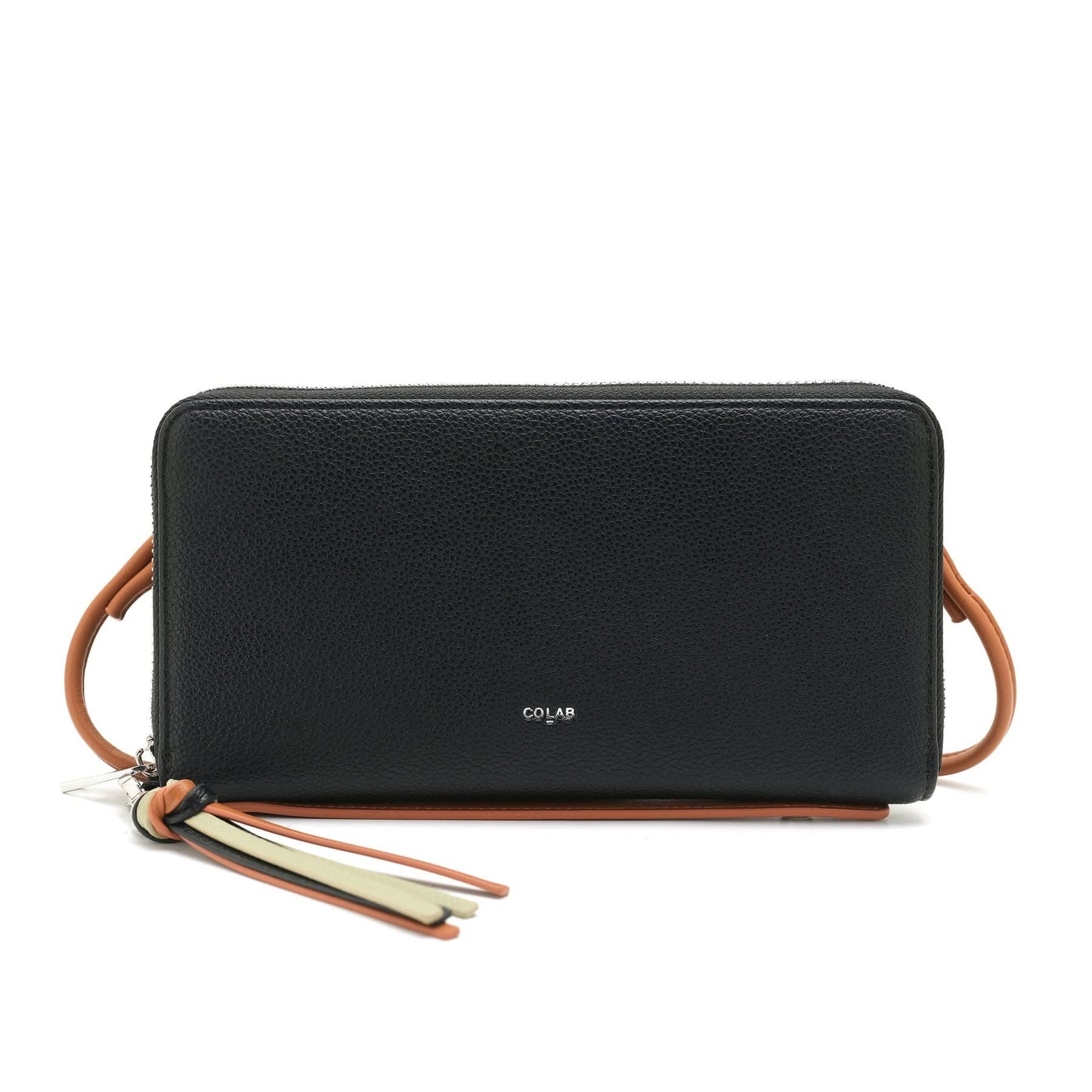 A woman in a light gray button-up shirt and beige pants holds Co-Lab’s sustainable 'ALEXX' Wallet in light green near her chest.