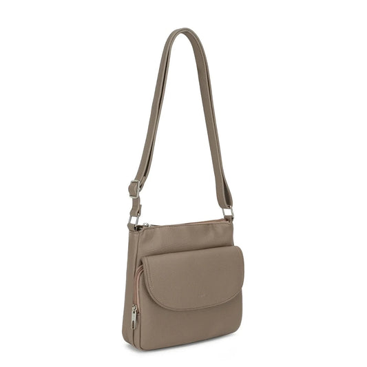 The Stelle organizer crossbody by Co-Lab features taupe vegan leather, a long adjustable strap, front flap pocket, and silver hardware, shown on a plain white background.