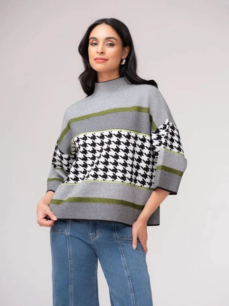Houndstooth Striped Mock Neck Sweater