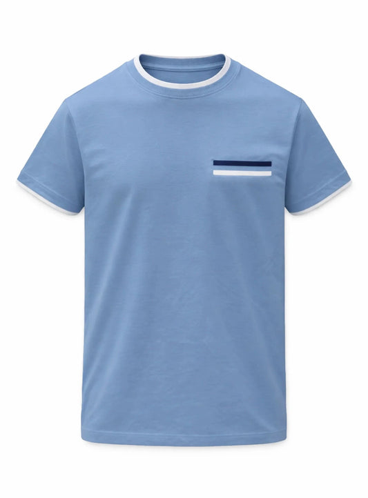 A man wears the Point Zero Mens Crewneck T-shirt—a modern minimalist white tee with light blue trim and a small striped chest accent—showcasing premium casual style.