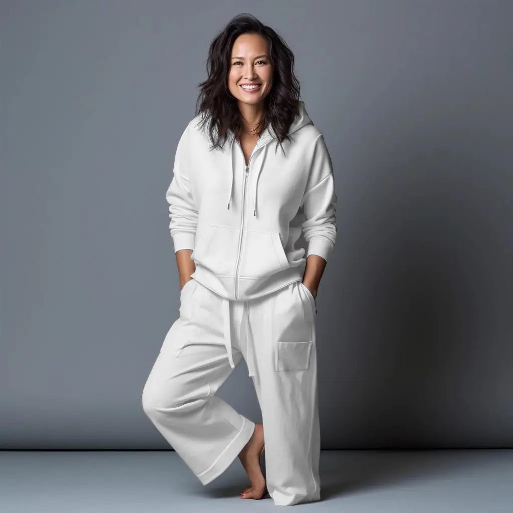 A woman smiling in a white Point Zero Essential Hoodie, made from high-quality materials, against a grey background.