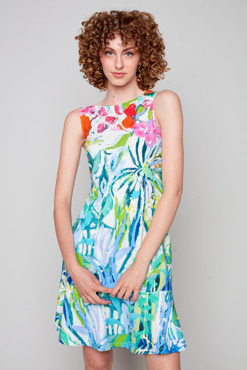 Playful Claire Desjardins sleeveless Liberty Garden dress for a springtime occasion.