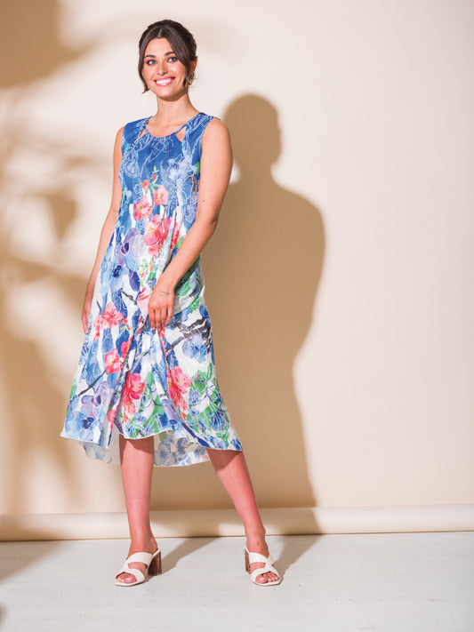 A woman is posing in an Alison Sheri Floral Wrap Dress.