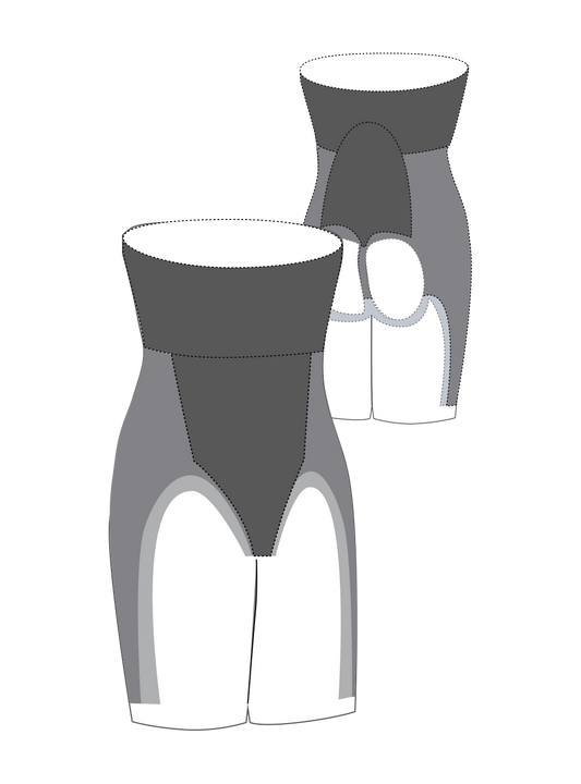 A woman posing in a beige bodysuit and bra with anti-slipping control levels against a white background by Body Hush's The Sculptor All In One.