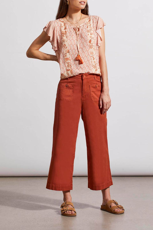 Brooke, the model, is wearing a sustainable lace top with Tribal's Brooke Sustainable Wide-Leg Crop Jeans.
