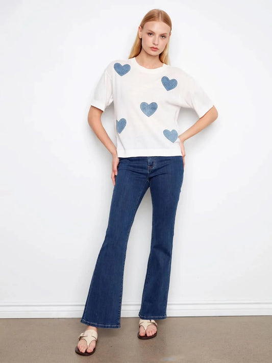 Short Sleeve Denim Hearts Sweater