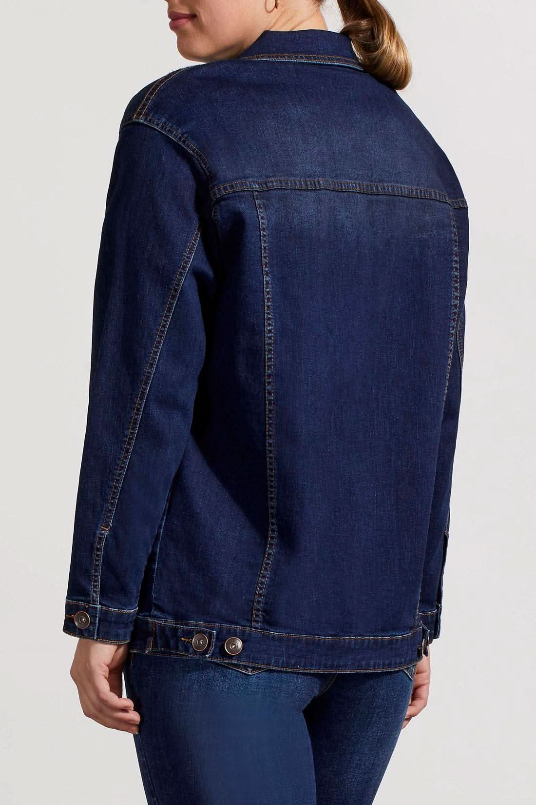 A woman in a comfortable Tribal Denim Jacket with Pockets.