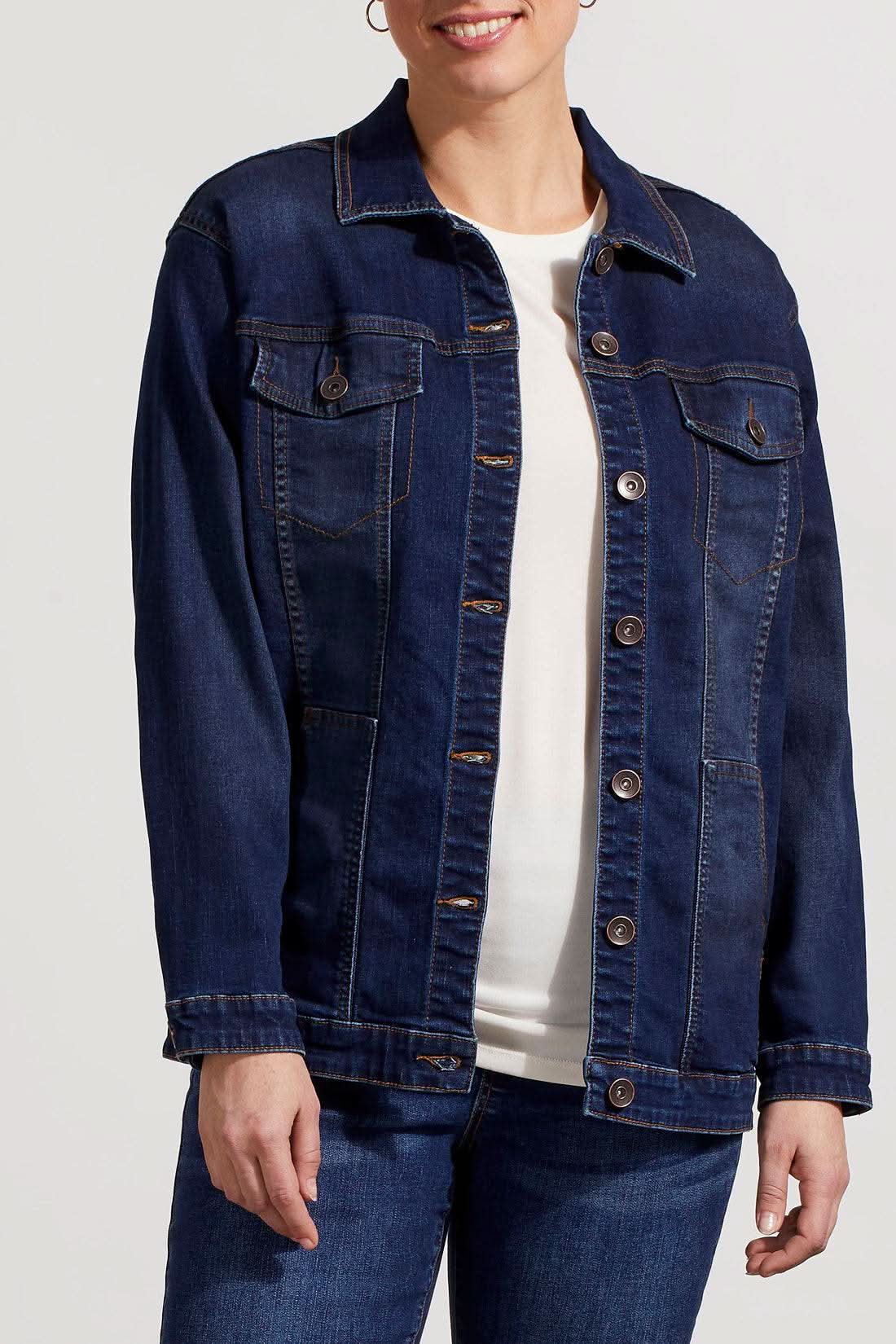 A woman in a comfortable Tribal Denim Jacket with Pockets.