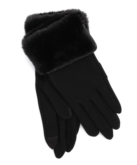 Black Fold Down Faux Fur Cuff Gloves made from high-quality materials by Echo New York.
