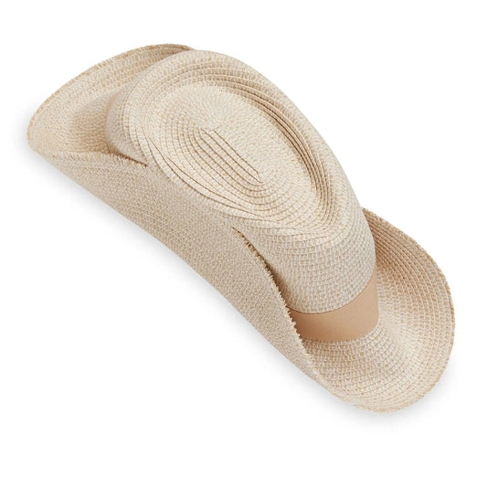 The Wallaroo Carkella Emery Packable Wide Brim is a light tan woven straw cowboy hat with a wide brim and beige hatband, made from lightweight fabric for comfort, shown from a top angle.