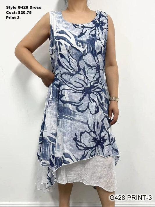 A Blue Sleeveless Floral Linen Dress by Fashion Cage displayed with style and price information.
