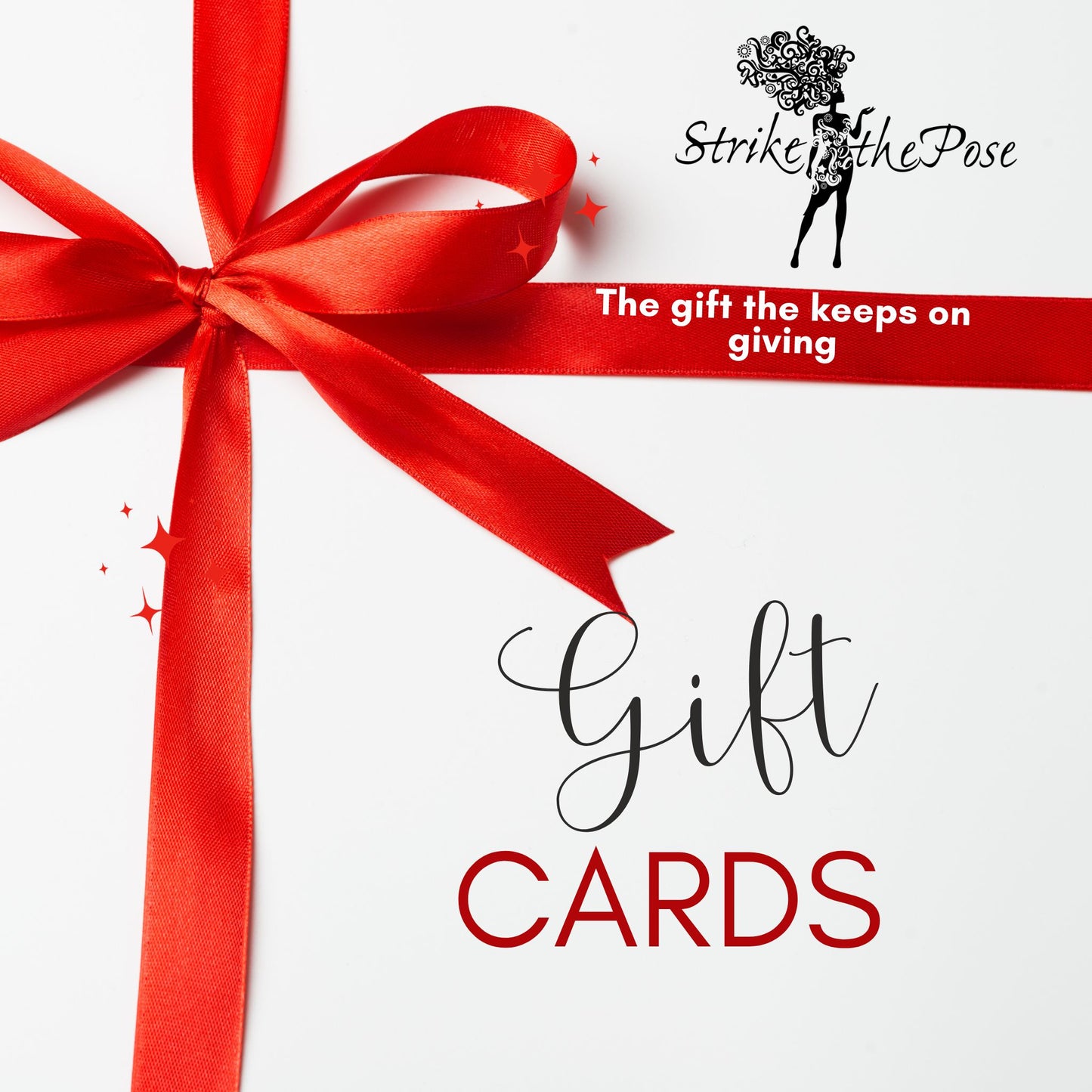 A striking Strike The Pose gift card with a red ribbon.