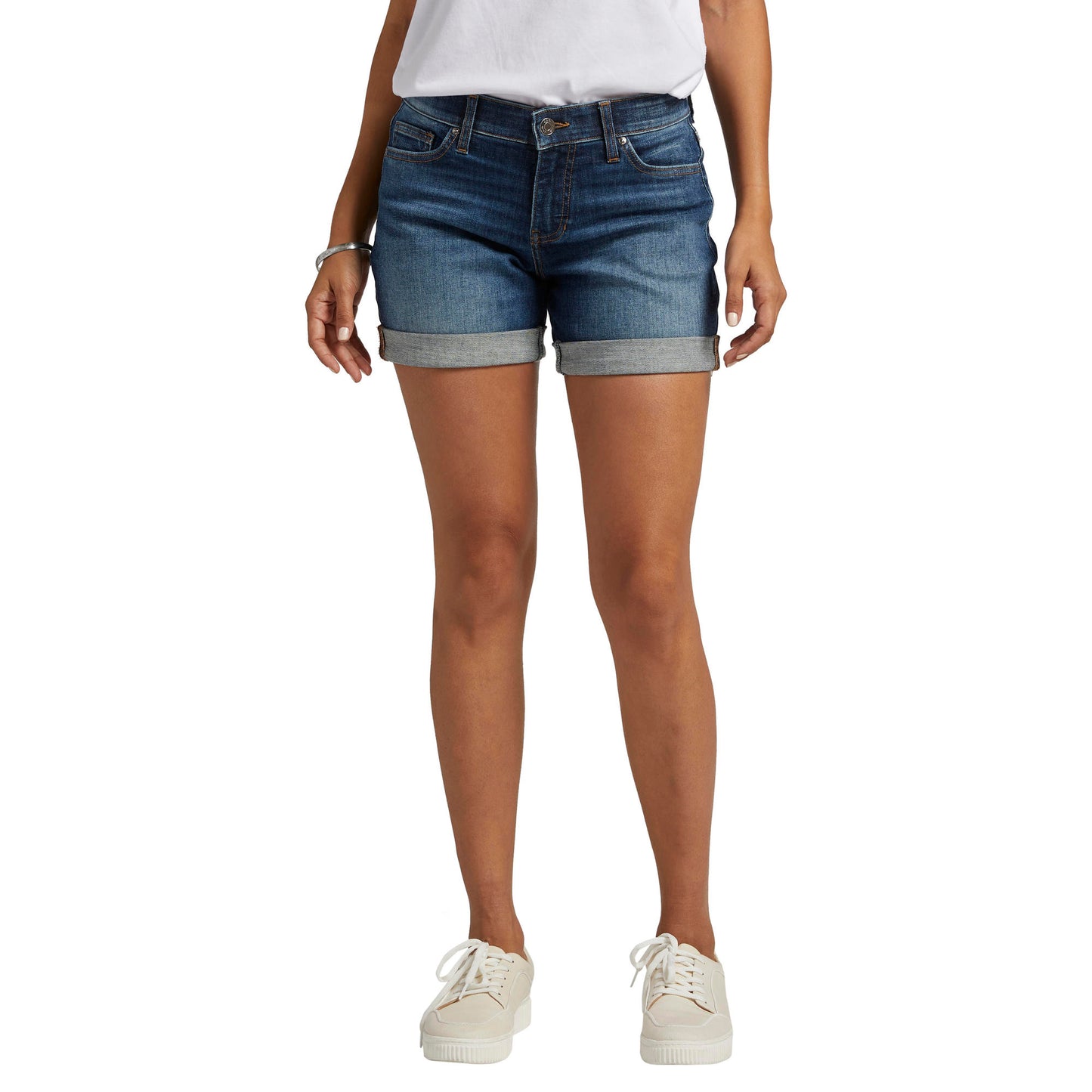 A woman wearing a white t-shirt and Jag elastic waistband Alex Boyfriend Mid Rise Shorts.