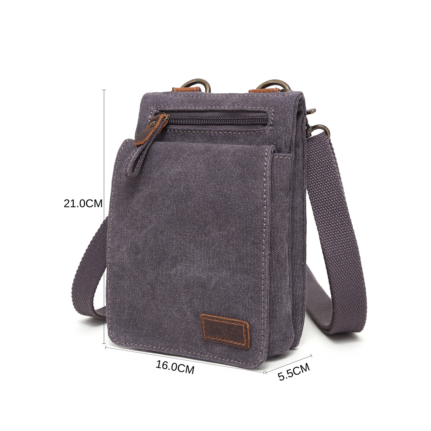 A Davan Canvas Shoulder Bag with Leather Stripe Card Locker and an adjustable shoulder strap.
