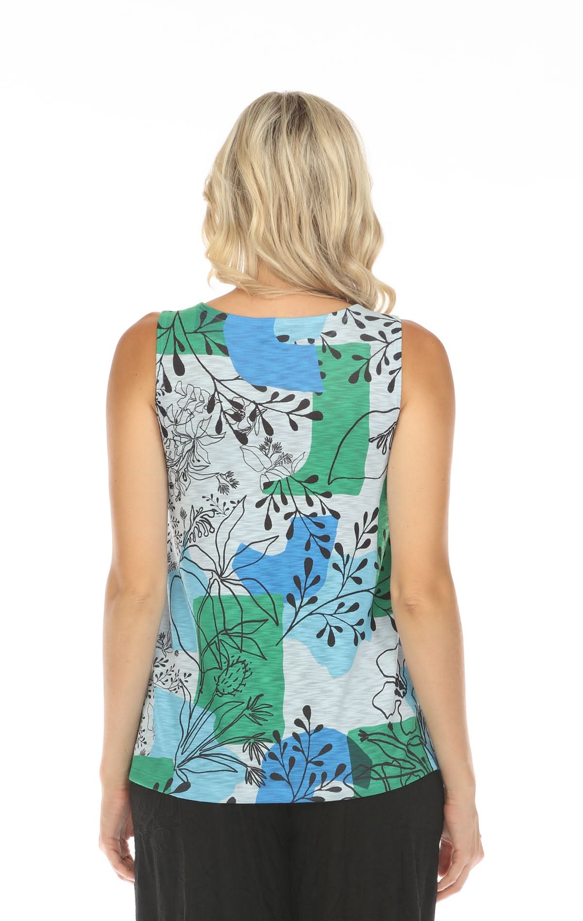 A woman models the Inoah Sleeveless Crew Neck Tank Top with a blue, green, and white floral pattern, standing against a white background.