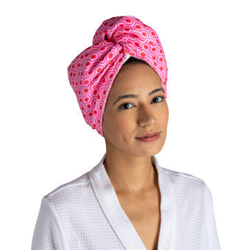 A package of Lemon Lavender Microfiber Turbo Towels with Button Closure | Plot Twist, featuring an image of a woman's face.