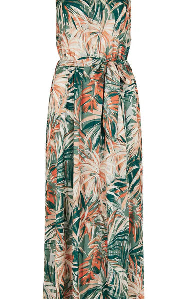 Sleeveless tropical print jumpsuit in green, orange, and white hues, featuring a tied waist and a straight neckline.