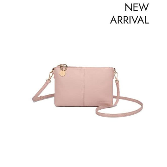 The Louenhide BABY SOPHIE CROSSBODY BAG, a light green vegan leather purse with gold hardware and a removable strap, is pictured against a white background with "NEW ARRIVAL" in the upper right corner.