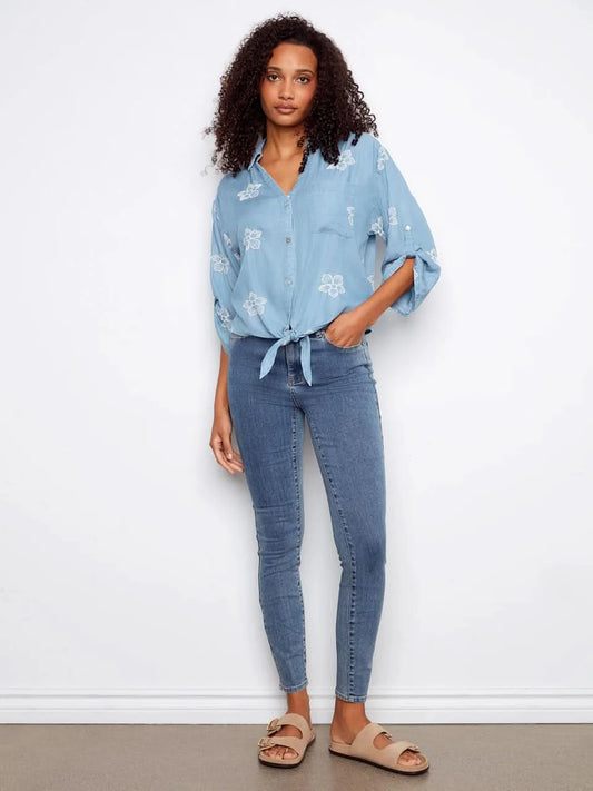 Embroidered Tencel Blouse With Front Tie