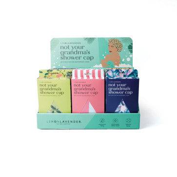 A set of six Lemon Lavender waterproof shower caps in various colors.