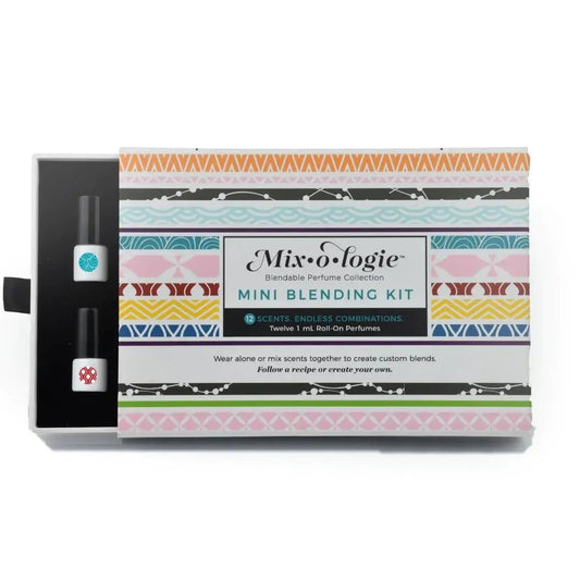 Mixologie's Mini Perfume Blending Kit featuring roll-ons and recipe cards.
