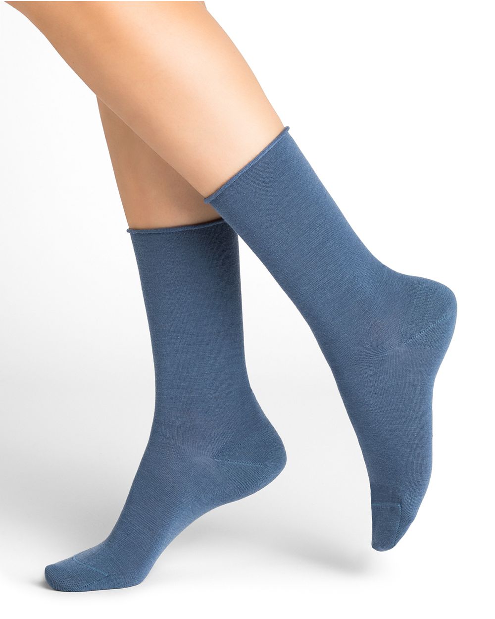 The legs of a woman wearing Bleuforet 6700 Roll Top Wool Socks.