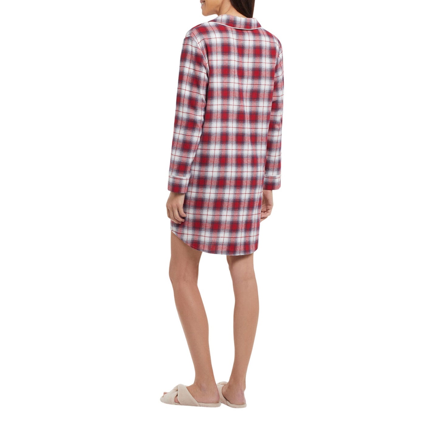 A woman wearing a Tribal Plaid Button Up Nightshirt.