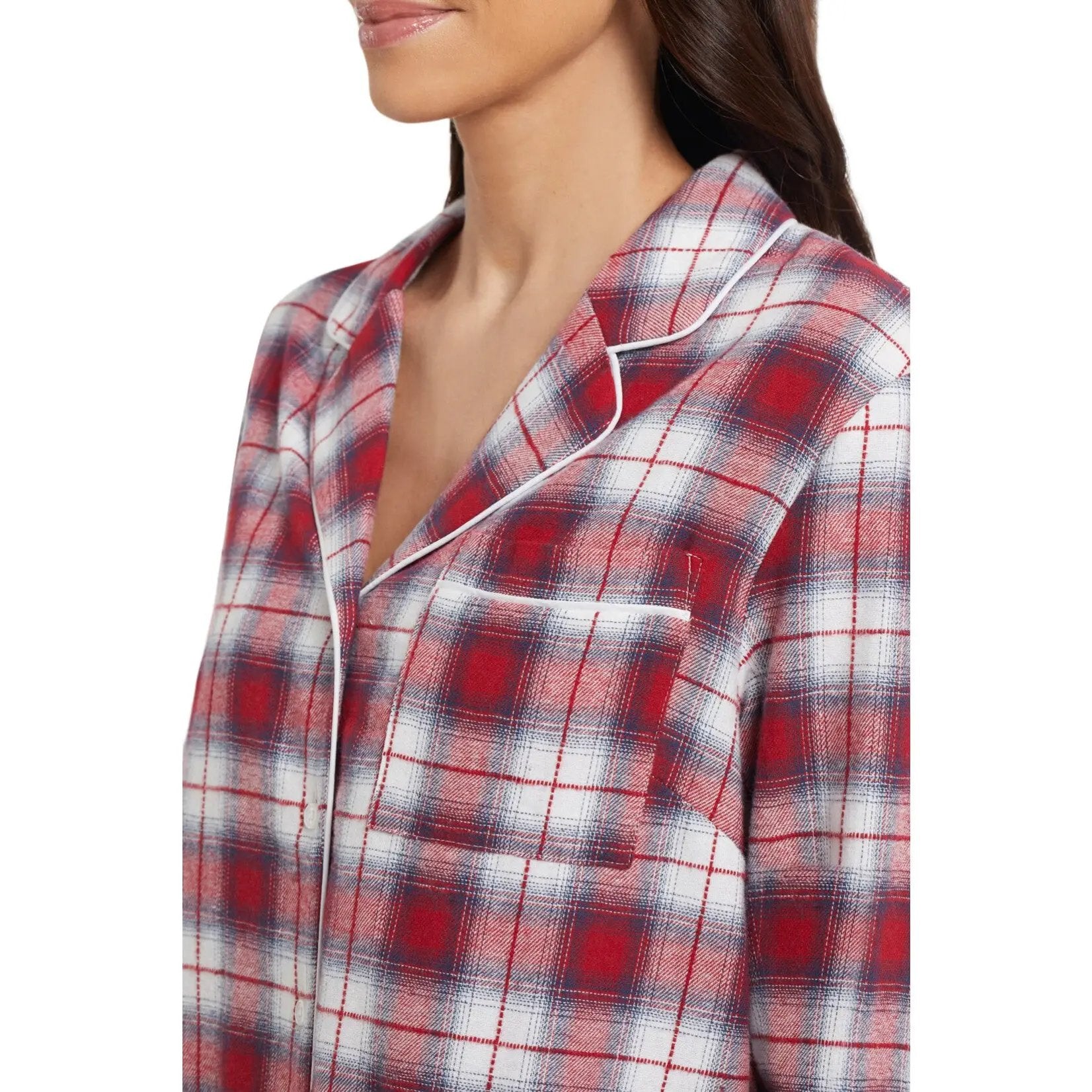A woman wearing a Tribal Plaid Button Up Nightshirt.