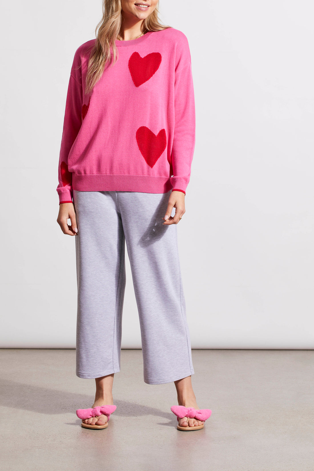 Crew Neck Sweater with Pointelle Hearts Tribal Strike The Pose