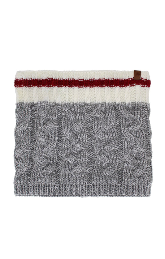 A Great Northern cable knit cowl neckwarmer with red and white stripes.