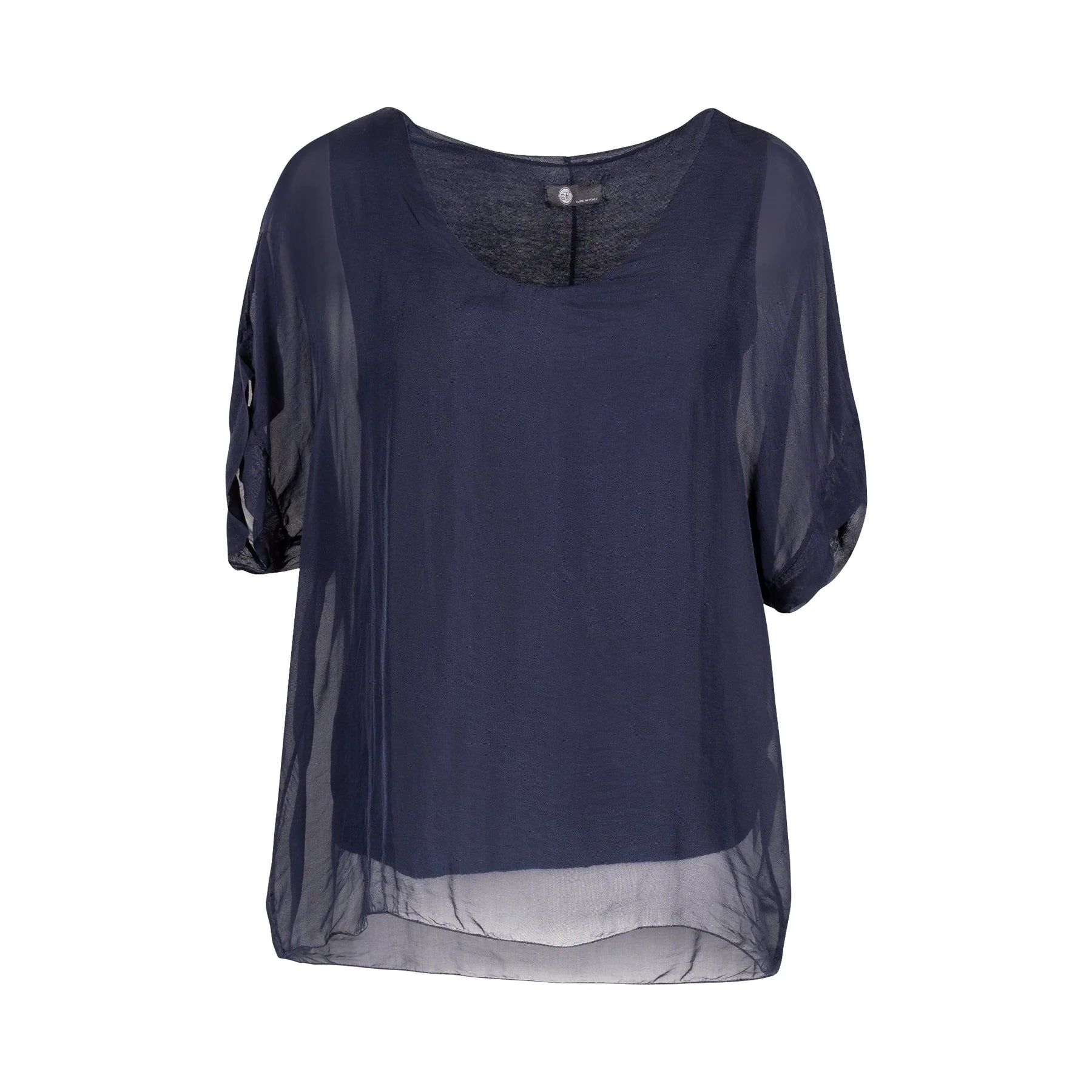 A Woven Top 10-66145W by M Made In Italy featuring a blue design on a white background.