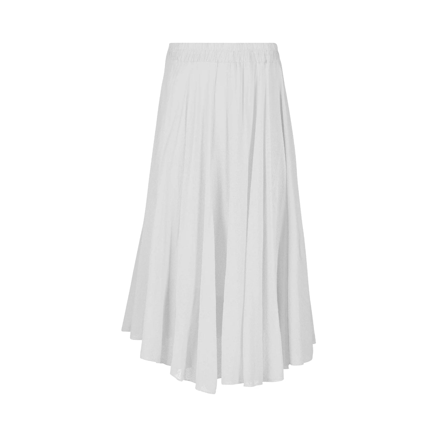 The sentence could be rewritten as: Rear view of a person in a white top and stylish M Made In Italy Tangerine Woven Skirt, paired with beige high heels.