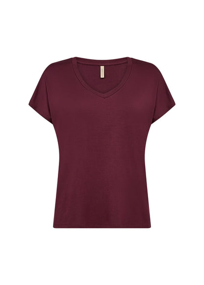 The Basic Marica Tee by Soya Concepts is a burgundy short-sleeve V-neck T-shirt made from a soft lyocell blend, set against a white background—a true wardrobe essential.