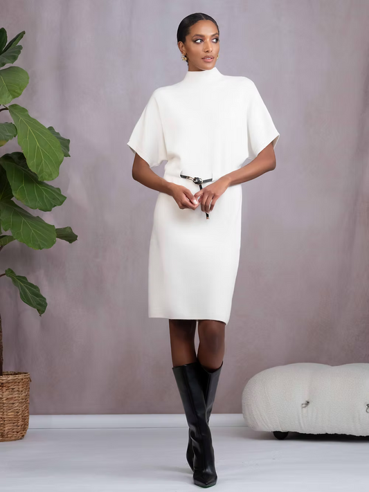 A woman stands indoors wearing the Alison Sheri Belted Knit Dress with short sleeves and black knee-high boots. A large green plant and a white ottoman are in the background, emphasizing the dress’s versatility.