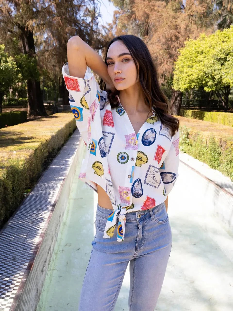 Printed Linen Blend Front-Tie Blouse