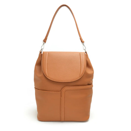 A Co-Lab Bellarose Shoulder Bag or Backpack in tan recycled vegan leather, with a single strap, front pocket, and flap closure, is shown against a plain white background.