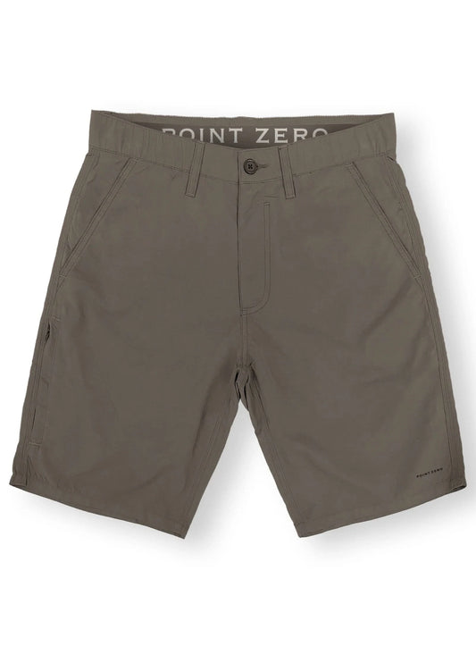 The Mens Super Flex Bermuda short by Point Zero, in gray, features side and back pockets, belt loops, a front button and zipper closure. These relaxed fit shorts provide comfort and style, shown on a white background.
