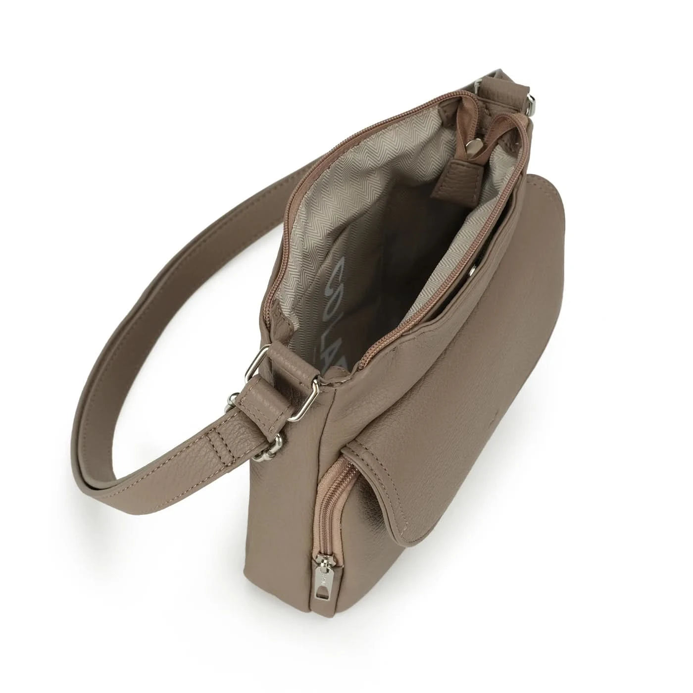 The Stelle organizer crossbody by Co-Lab features taupe vegan leather, a long adjustable strap, front flap pocket, and silver hardware, shown on a plain white background.