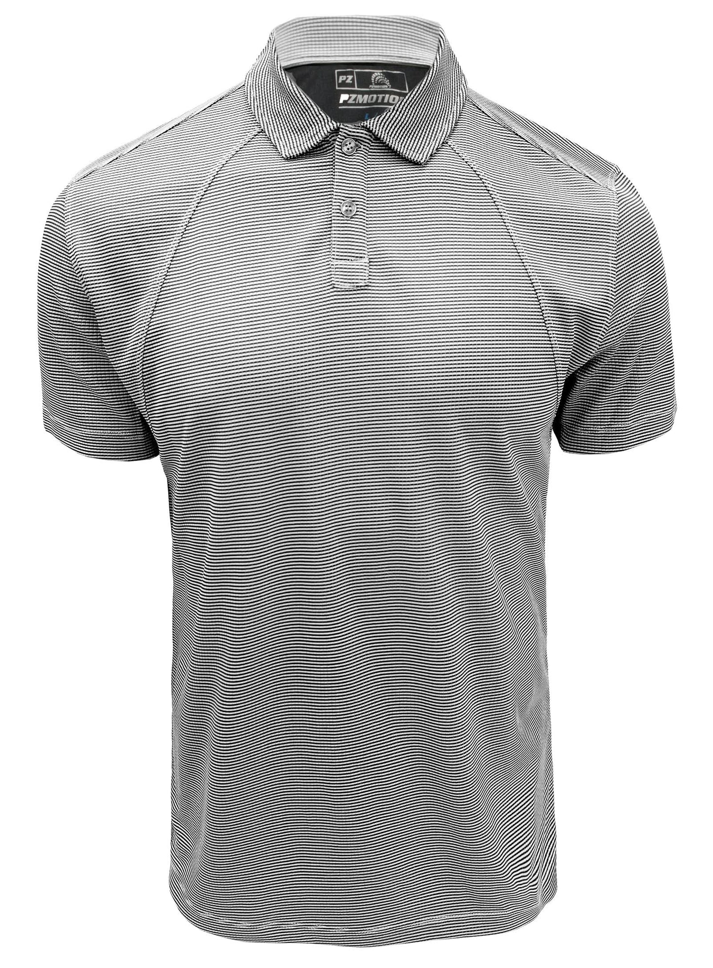 The Point Zero Men's Dry-X Waffle Polo is a gray short-sleeve polo with subtle horizontal stripes, a buttoned placket, and collar—ideal as a moisture-wicking shirt for all-day comfort and style.