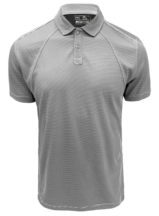 The Point Zero Men's Dry-X Waffle Polo is a gray short-sleeve polo with subtle horizontal stripes, a buttoned placket, and collar—ideal as a moisture-wicking shirt for all-day comfort and style.