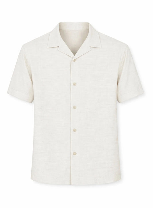 The Point Zero Mens Textured Knit Short-Sleeve Shirt features a light beige color and Cuban notched collar, shown on a white background.
